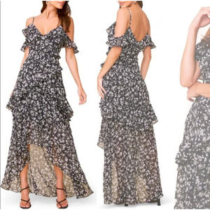 #16 ASTR The Label NWOT Hi Low Tiered Ruffle Maxi Dress Black White Floral SZ XL